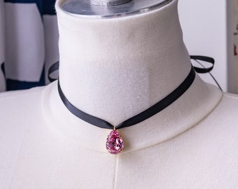 Pink Teardrop Rhinestone Pendant Ribbon Choker. Light Rose, Gold, Black. 18th Century, Regency, Georgian, Rococo, Historical Reproduction.