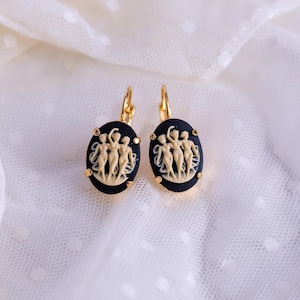 Black and White Cameo Earrings. Classical Three Graces Muses, Gold Settings. 18th Century, Regency, Victorian, Historical Reproduction.