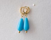 Regency Reproduction Turquoise Glass Drop Hoop Earrings. Blue and Gold. 18th Century, 19th Century, Georgian, Victorian, Historical.