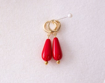 Red Teardrop Hoop Earrings. Red Coral-Colored Glass, Gold. 18th Century, Regency, 19th Century, Georgian, Victorian, Historical Reproduction