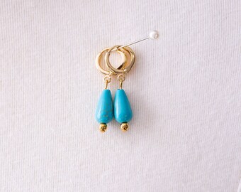 Turquoise Petite Teardrop Hoop Earrings. Blue/Green Resin Beads, Gold. 18th Century, Regency, Victorian, Georgian, Historical Reproduction.