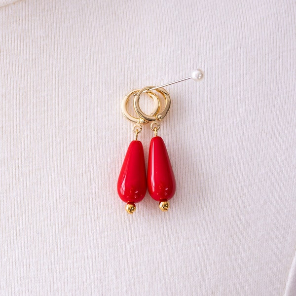 Red Teardrop Hoop Earrings. Red Coral-Colored Glass, Gold. 18th Century, Regency, 19th Century, Georgian, Victorian, Historical Reproduction