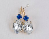 18th Century Reproduction Sapphire and Crystal Earrings. Rhinestones, Paste Glass, Gold. Rococo, Colonial, Regency, Victorian, 19th Century.