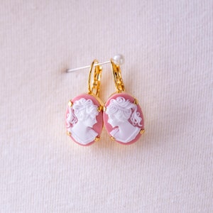 Pink and White Cameo Earrings. Classical Woman Profile Cabochons, Gold Settings. 18th Century, Regency, Victorian, Historical Reproduction.