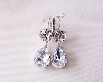 Crystal Teardrop Earrings. Faux “Diamond” Rhinestones, Silver. 18th Century, Regency, Victorian, Queen Coronation, Historical Reproduction.