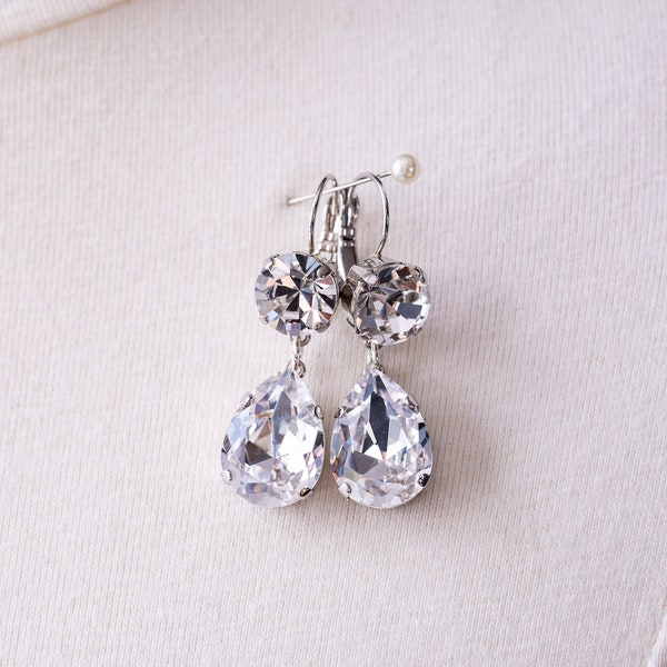 Crystal Teardrop Earrings. Faux “Diamond” Rhinestones, Silver. 18th Century, Regency, Victorian, Queen Coronation, Historical Reproduction.