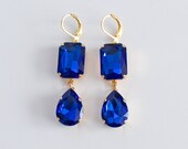 18th Century Reproduction Sapphire Drop Earrings. Dark Blue Rhinestones, Paste Glass, Gold. Colonial, Regency, Victorian, 19th Century
