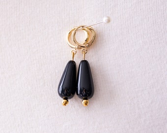 Black Teardrop Hoop Earrings. Glass Drops, Gold. 18th Century, Regency, 19th Century, Georgian, Victorian, Historical Reproduction.