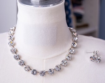 Crystal Collet Necklace and Optional Earrings. Faux “Diamond” Rhinestones, Silver. 18th Century, Regency, Victorian, Historical Reproduction