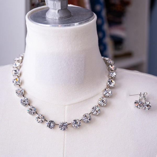 Crystal Collet Necklace and Optional Earrings. Faux “Diamond” Rhinestones, Silver. 18th Century, Regency, Victorian, Historical Reproduction