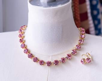 Pink Collet Necklace and Earrings. Light Rose Rhinestones, Gold. 18th Century, Regency, Georgian, Victorian, Historical Reproduction.