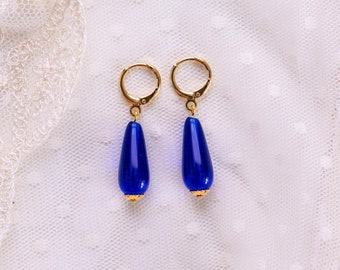 Dark Blue Teardrop Hoop Earrings: 18th Century/Regency, Victorian Historical Reproduction