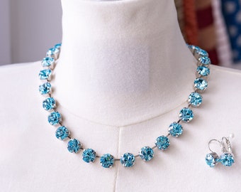 Light Blue Collet Necklace and Earrings. Aquamarine Rhinestones, Silver. 18th Century, Regency, Georgian, Victorian, Historical Reproduction