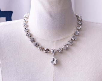 Crystal Collet Necklace with Teardrop Pendant: Faux “Diamond” Rhinestones, Silver, Victorian Historical Reproduction