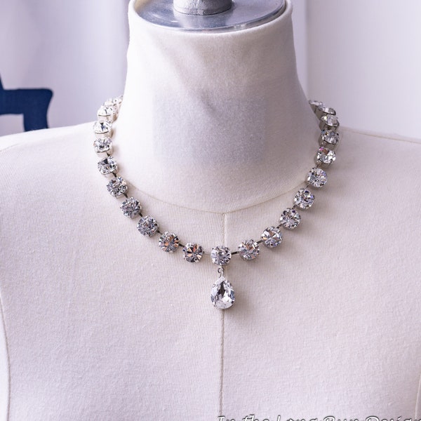 Crystal Collet Necklace with Teardrop Pendant. Faux “Diamond” Rhinestones, Silver. Historical Reproduction, Victorian Queen Coronation.