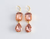 18th Century Reproduction Pink Drop Earrings. Peach Rhinestones, Paste Glass, Gold. Colonial, Regency, Victorian, 19th Century