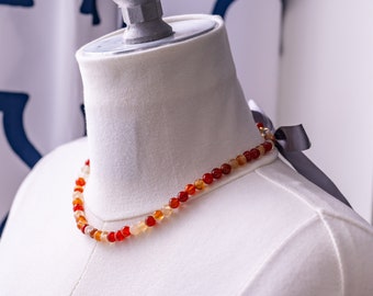 Agate Beaded Ribbon Tie Necklace. Yellow and Orange, Gold. 18th Century, Regency, 19th Century, Rococo, Georgian, Historical Reproduction.