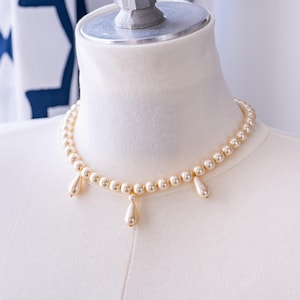 Cream Pearl Necklace with Teardrop Dangles: Ivory, Gold, Renaissance, 18th Century Historical Reproduction