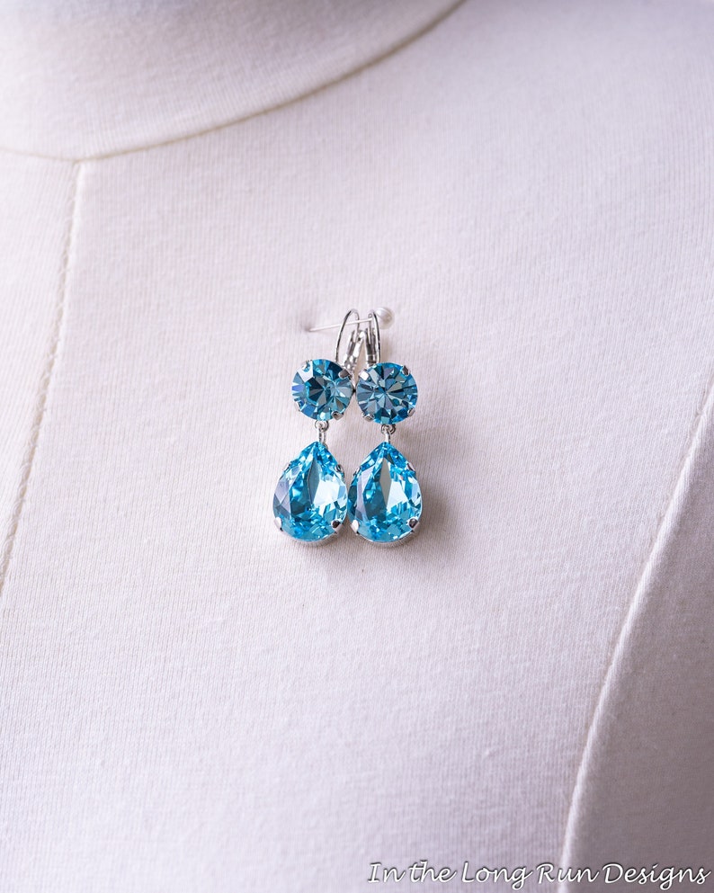 Light Blue Rhinestone Dangle Earrings. Aquamarine Teardrops, Silver. Regency, 18th Century, Victorian, Georgian, Historical Reproduction. image 1