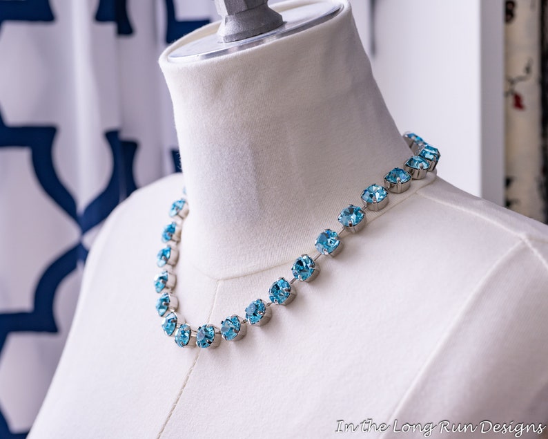 Light Blue Collet Necklace and Earrings. Aquamarine Rhinestones, Silver. 18th Century, Regency, Georgian, Victorian, Historical Reproduction image 3