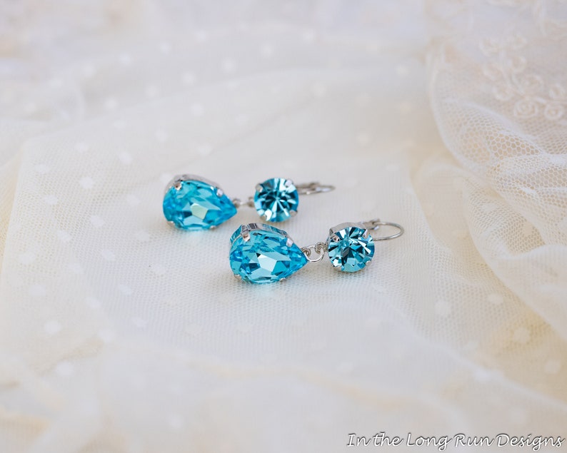 Light Blue Rhinestone Dangle Earrings. Aquamarine Teardrops, Silver. Regency, 18th Century, Victorian, Georgian, Historical Reproduction. image 2