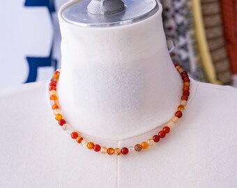 Regency Reproduction Agate Beaded Ribbon Tie Necklace. Yellow and Orange. Rococo, Colonial, 18th Century, 19th Century, Georgian, Historical
