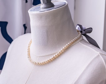 Freshwater Pearl Ribbon Tie Necklace. White, Cream, Gold. 18th Century, Regency, Georgian, Rococo, Victorian, Historical Reproduction.
