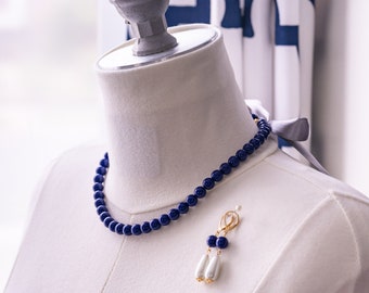 Blue Beaded Ribbon Tie Necklace and Earrings. Lapis-Colored Glass, Pearl Teardrop. 18th Century, Regency, Georgian, Historical Reproduction.