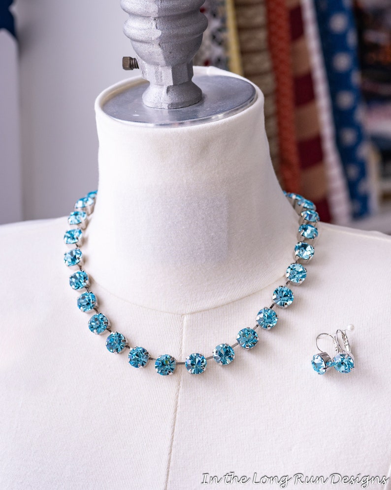 Light Blue Collet Necklace and Earrings. Aquamarine Rhinestones, Silver. 18th Century, Regency, Georgian, Victorian, Historical Reproduction necklace & earrings