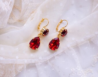 Red Rhinestone Dangle Earrings. Ruby Glass Teardrops, Gold. Regency, 18th Century, Victorian, Georgian, Historical Reproduction.