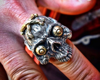 925 Sterling Silver X Brass Crazy Giant Half Skull Ring / gothic ring / goth ring / heavy ring / biker ring / memento mori ring / eyes ring