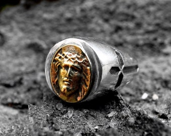 925 Sterling silver X Brass Jesus Ring / siver cross ring / christian ring / silver god ring / embossed carving ring / Jesus christ ring