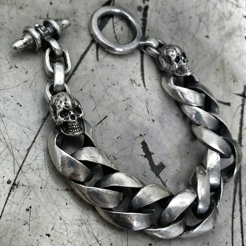 925 Sterling Silver Heavy Chain With Human Skull Bracelet / Etsy