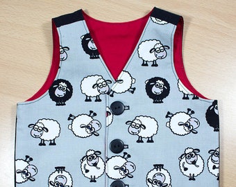 Boys Waistcoat, Vest, Sheep, Grey, Black, Red, White, Toddler, Baby, 100% Cotton, 6 - 9 months approx.