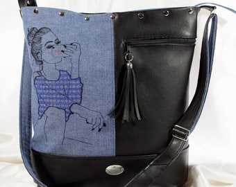 DUCKS Navy Blue Designer cotton River Nature Novelty fabric Water MESSENGER bag Reeds tote Shoulder bag