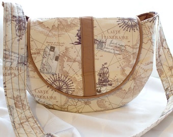 DUCKS Navy Blue Designer cotton River Nature Novelty fabric Water MESSENGER bag Reeds tote Shoulder bag