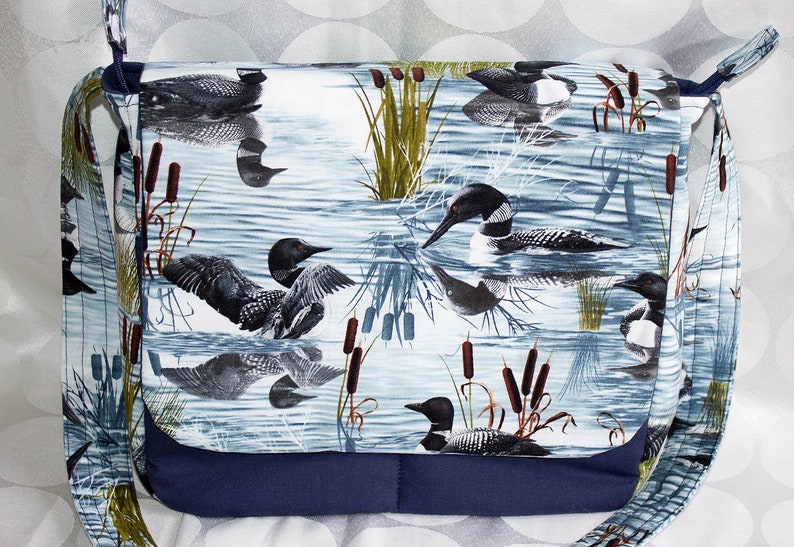 DUCKS Navy Blue Designer cotton River Nature Novelty fabric Water MESSENGER bag Reeds tote Shoulder bag