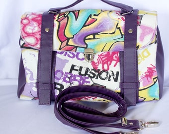 SHOULDER bag, Handbag, FAUX/Vegan leather, Cotton Canvas, Purple, Graffiti, Hardware