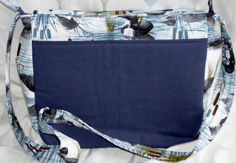 DUCKS Navy Blue Designer cotton River Nature Novelty fabric Water MESSENGER bag Reeds tote Shoulder bag
