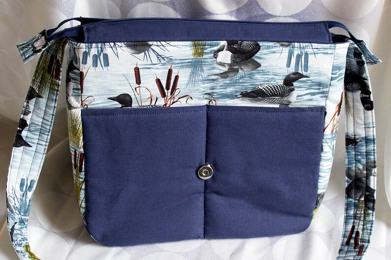 DUCKS Navy Blue Designer cotton River Nature Novelty fabric Water MESSENGER bag Reeds tote Shoulder bag
