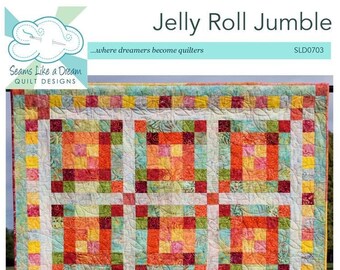 May include: A quilt pattern called "Jelly Roll Jumble" by Seams Like a Dream Quilt Designs. The quilt is made with colourful fabric scraps in shades of red, orange, yellow, green, and blue. The quilt is 52 inches by 66 inches or 82 inches by 96 inches. The pattern uses 2 1/2 inch strips of fabric.