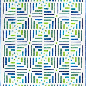 May include: A quilt with a geometric pattern of blue, green and white squares and rectangles. The quilt is made of fabric with a floral pattern.