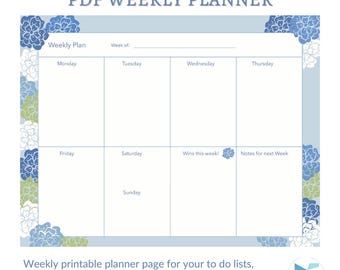 Floral Weekly Planner page, in blues and green, (Printable PDF), Weekly To Do list, Schedule tracker, letter size.