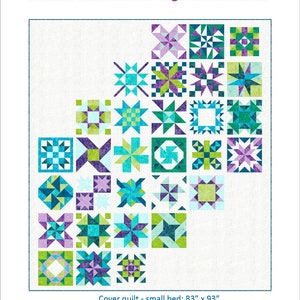 Könnte beinhalten: Ein Quiltmusterdesign für eine 10-monatige Block-of-the-Month-Decke. Die Decke zeigt eine Vielzahl von bunten Blöcken mit geometrischen Mustern, darunter Sterne, Quadrate und Dreiecke. Die Decke ist für ein kleines Bett konzipiert und misst 83 Zoll mal 93 Zoll.
