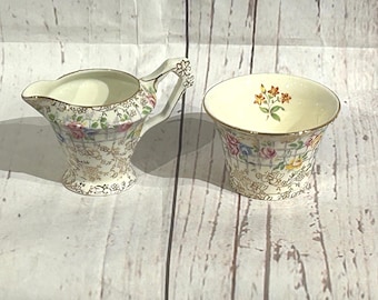 Azucarero y cremera, Jarra para crema y azucarero, Fenton, Trellis Rose, James Kent LTD
