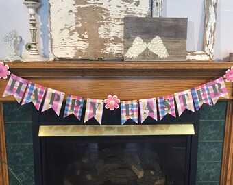 Happy Easter, Spring, Banner, Pink, Plaid, Flower