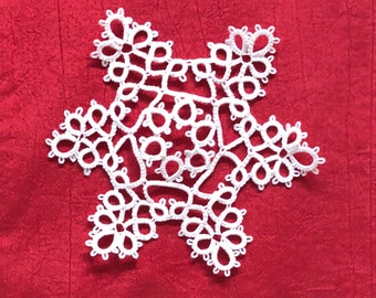 Tatted Lace Snowflake #6; Christmas Tree Decoration, Lace Ornament, White Lace Decoration, Thirteenth Anniversary Gift