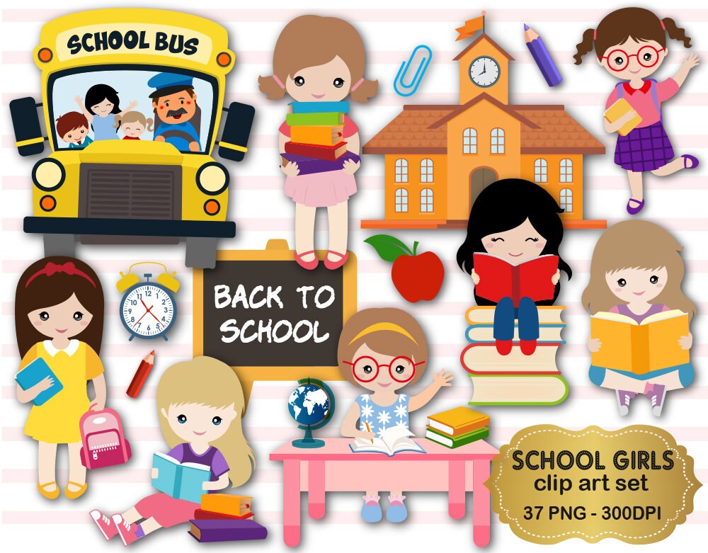 Girls Back To School Clip Art School Day Clipart Girls Back Etsy