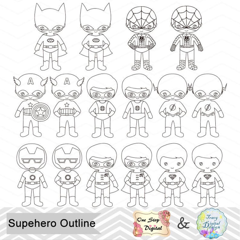 Black White Outline Superhero Boys and Girls Superhero Kids | Etsy