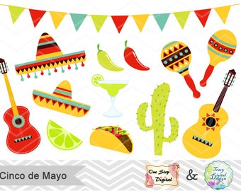 Digital Cinco de Mayo Clipart Digital Mexican Fiesta Clip Art Digital Mexican Party Clipart, Sombrero, cactus, guitar, pinata, taco 0177